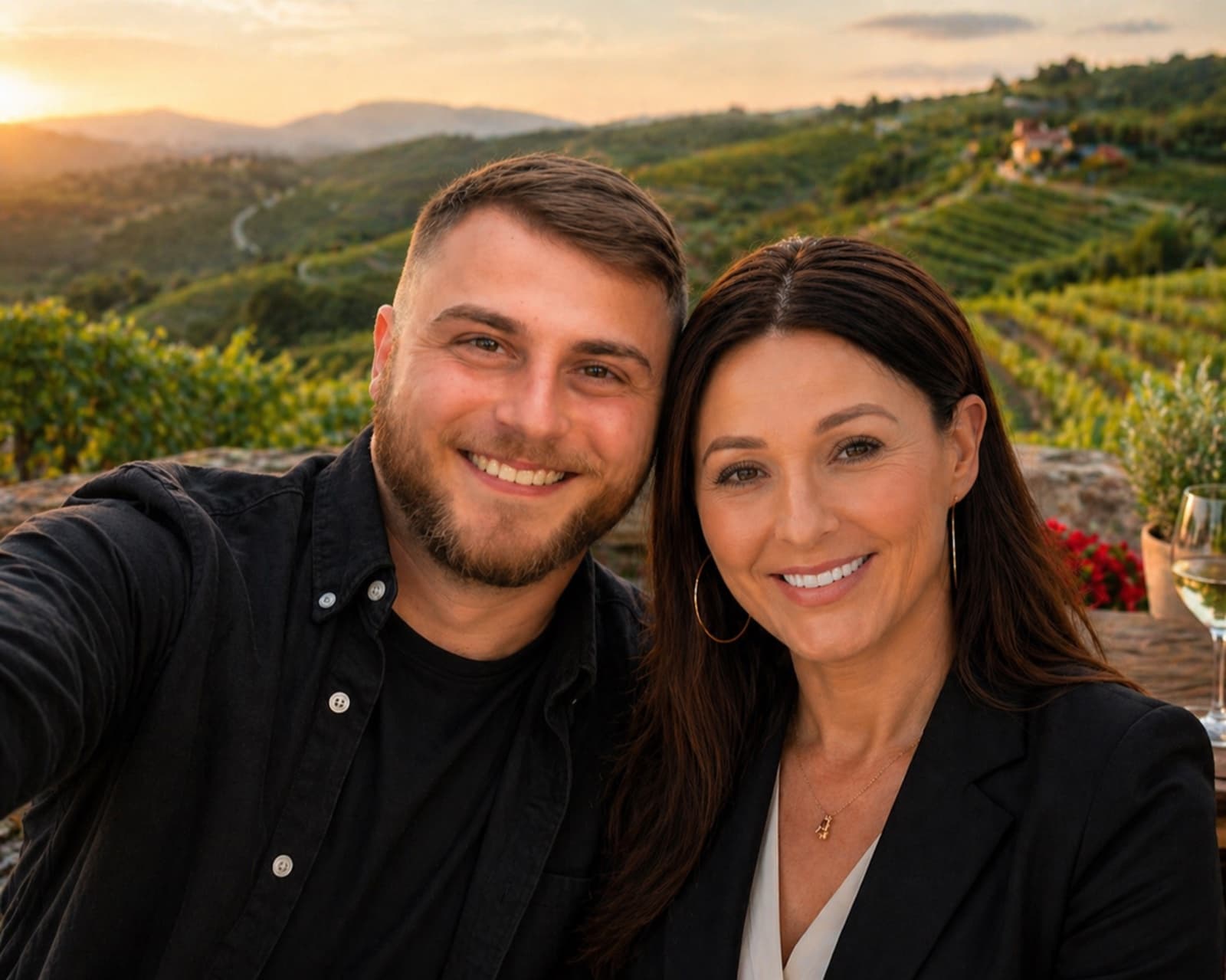 Robin and Irena, founders of Ultimate Guide Croatia, in an Istrian vineyard at sunset