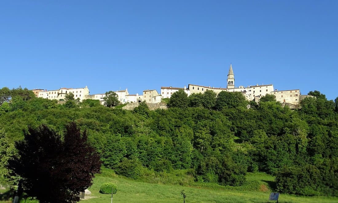View of Buzet hilltop old town above the Mirna river valley, central Istria