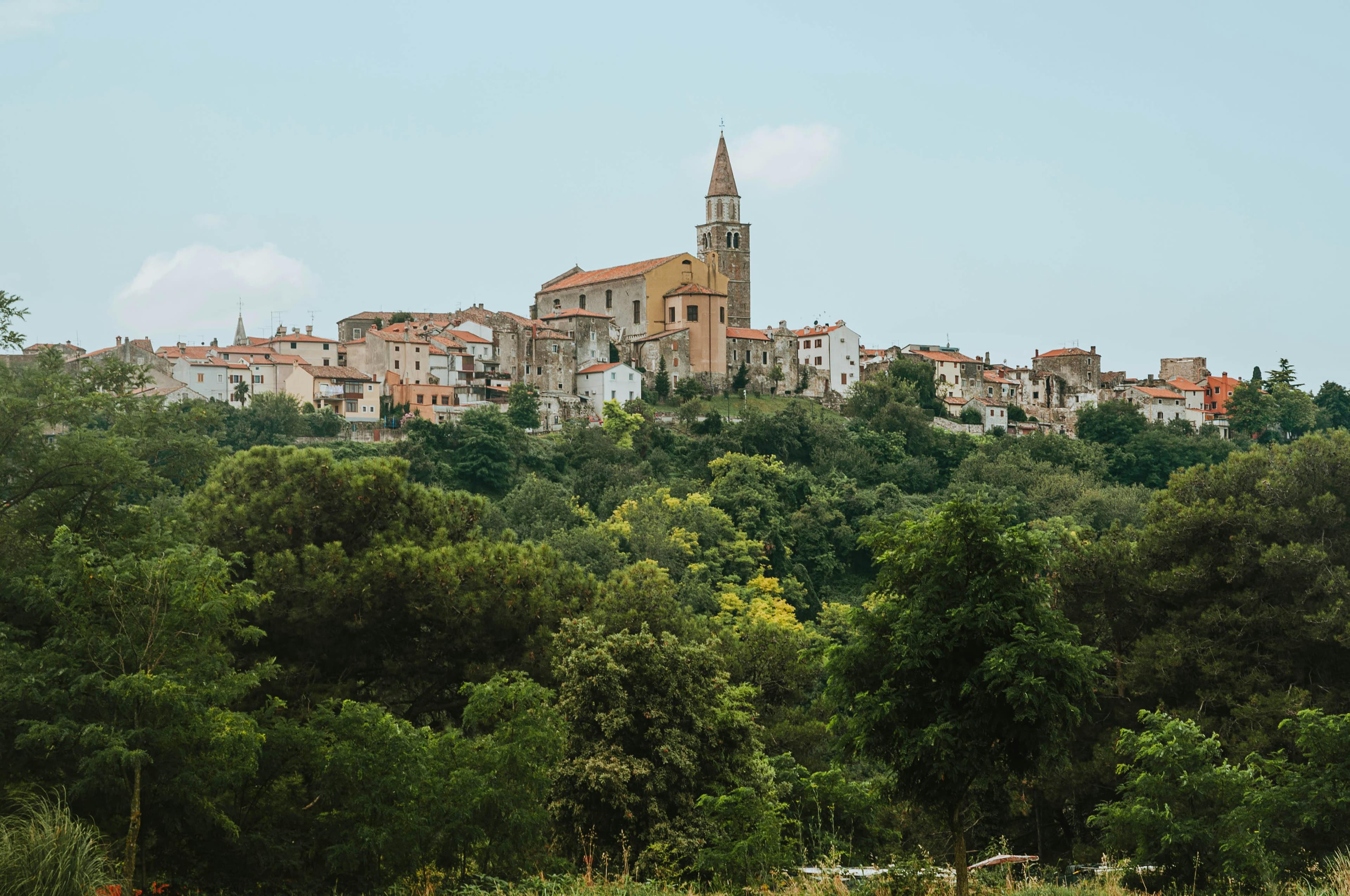 Stone village of Grožnjan on a hilltop in northern Istria, Croatia, with views over the surrounding valley
