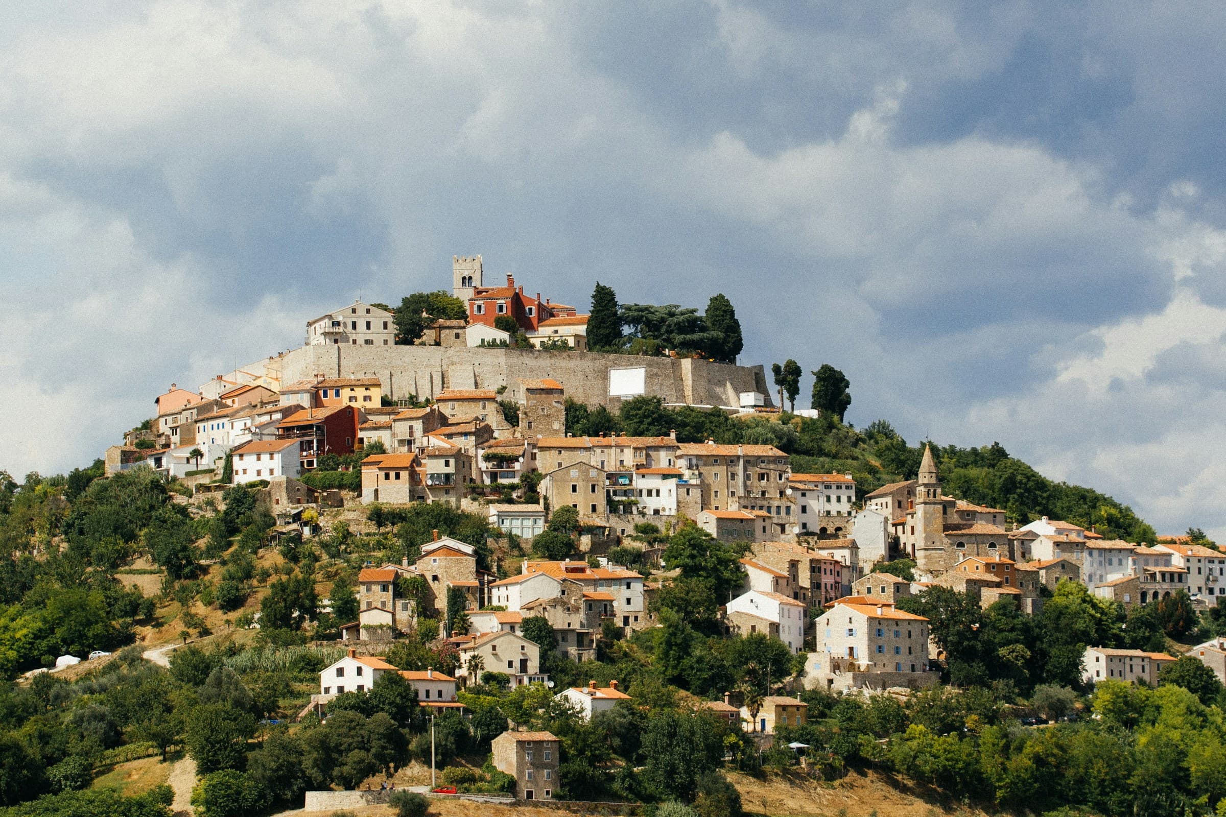 Motovun medieval hilltop town with Venetian walls rising above the Mirna valley in central Istria