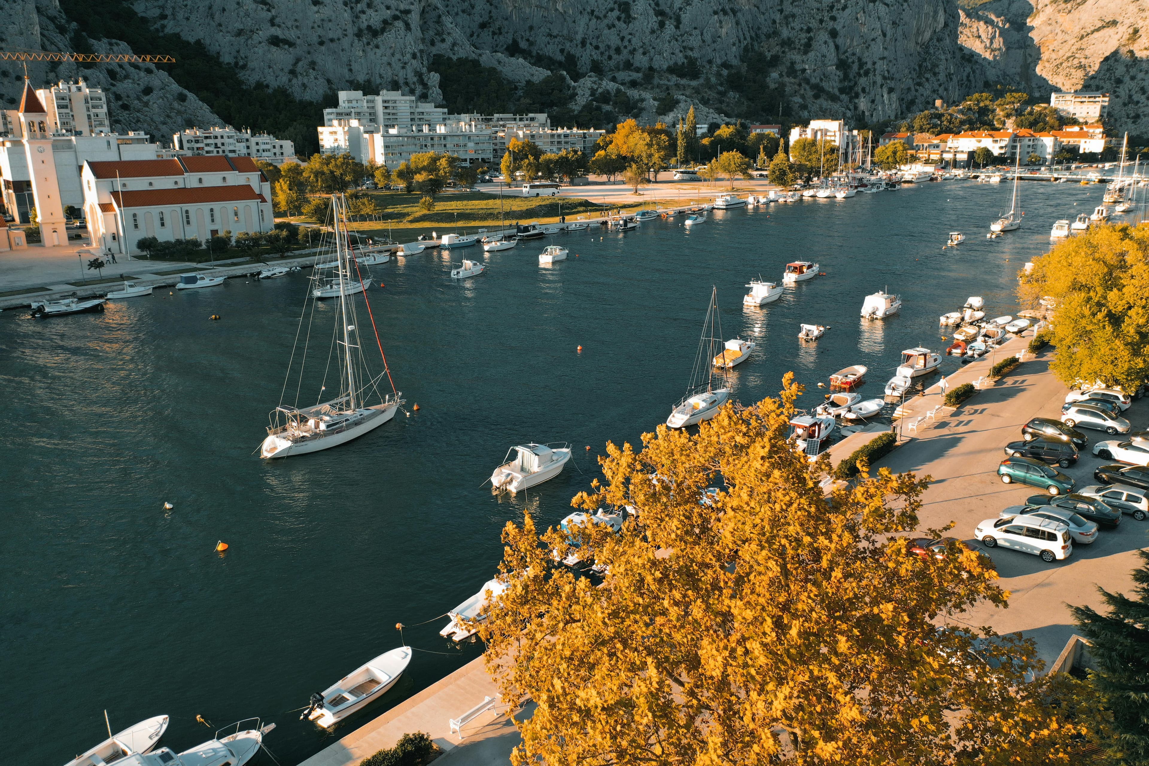 Cetina River mouth meeting the Adriatic at Omiš, with sandy beaches