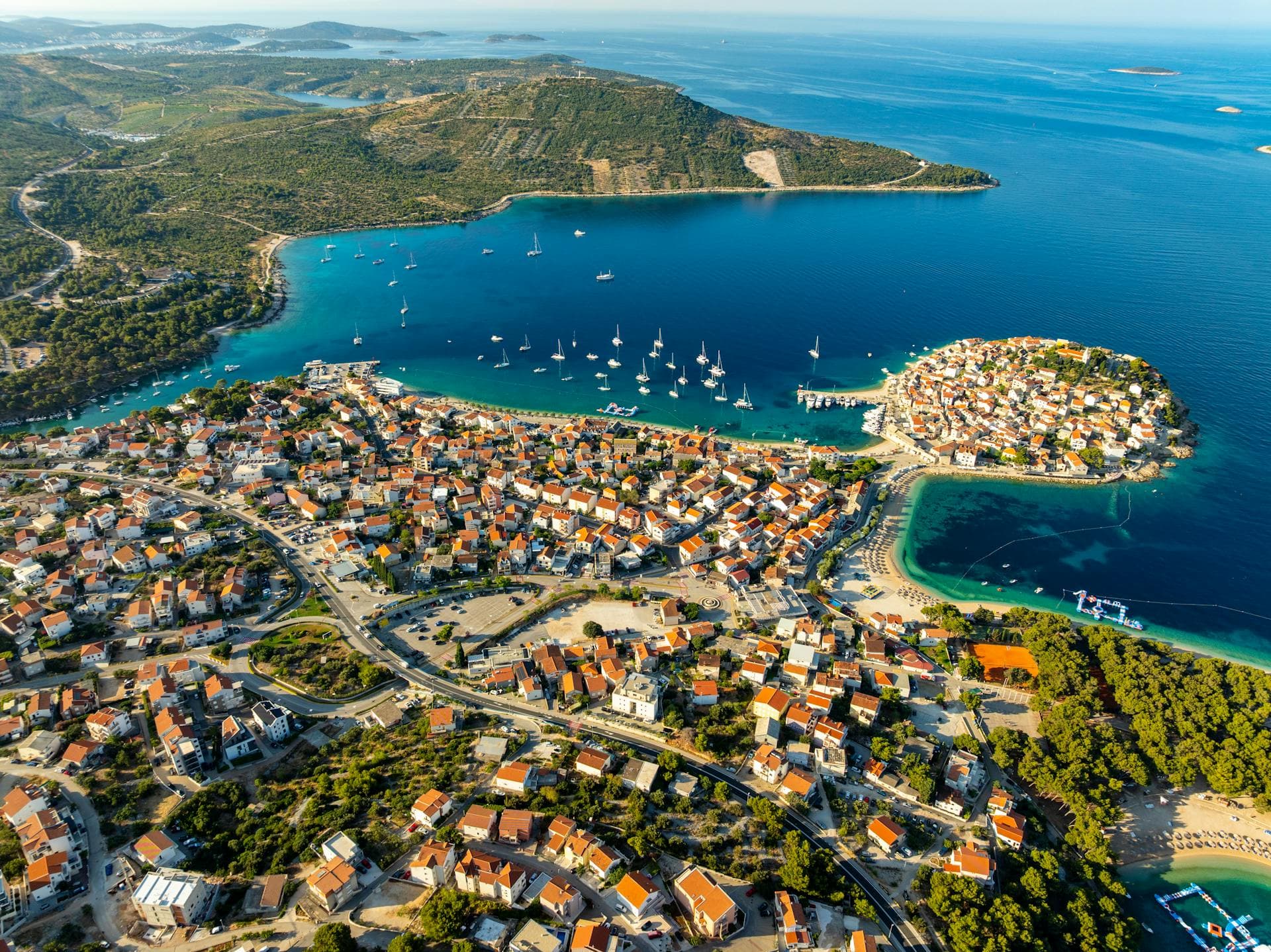 Aerial view of Primošten peninsula and old town