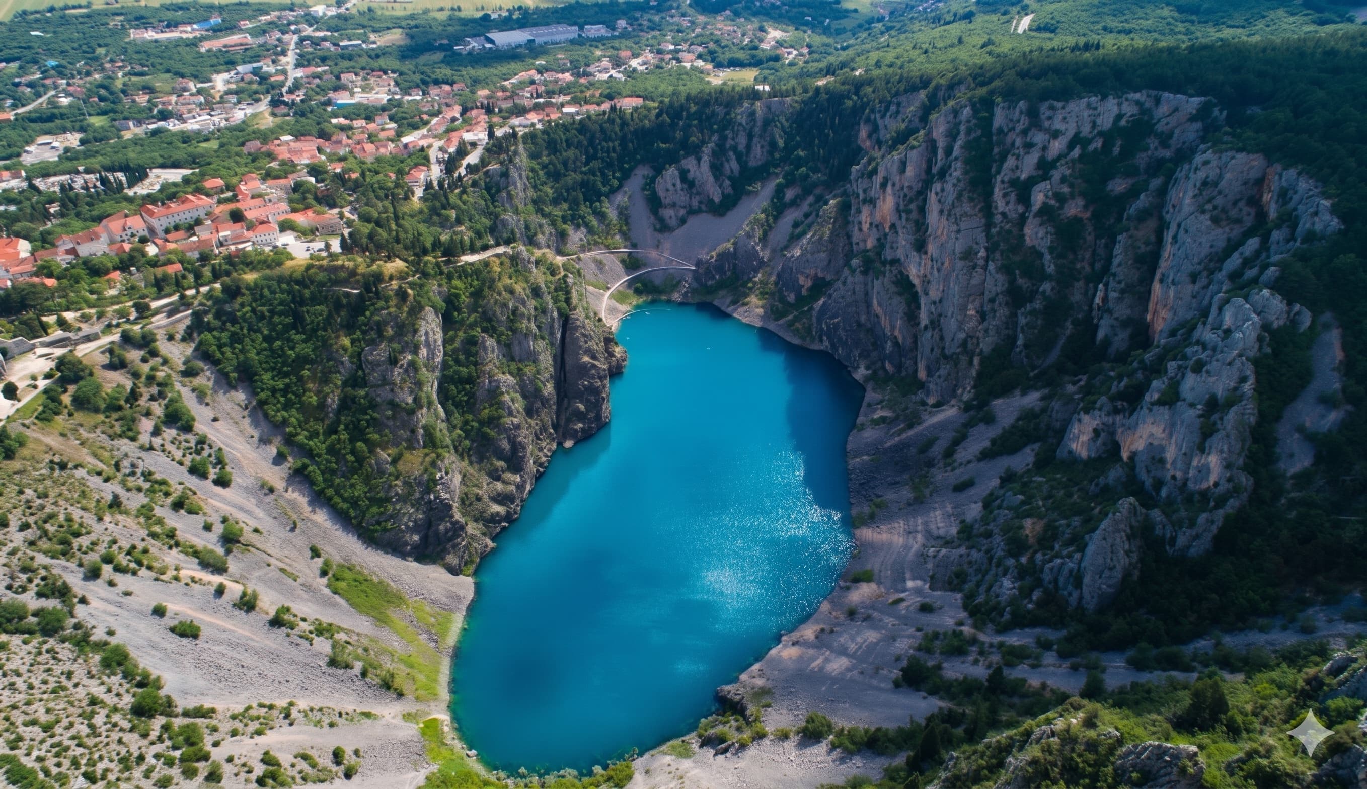 Aerial view of a turquoise karst lake set in a bowl of pale limestone, ringed by pine and oak — the visual signature of Dalmatian hinterland water-filled sinkholes.