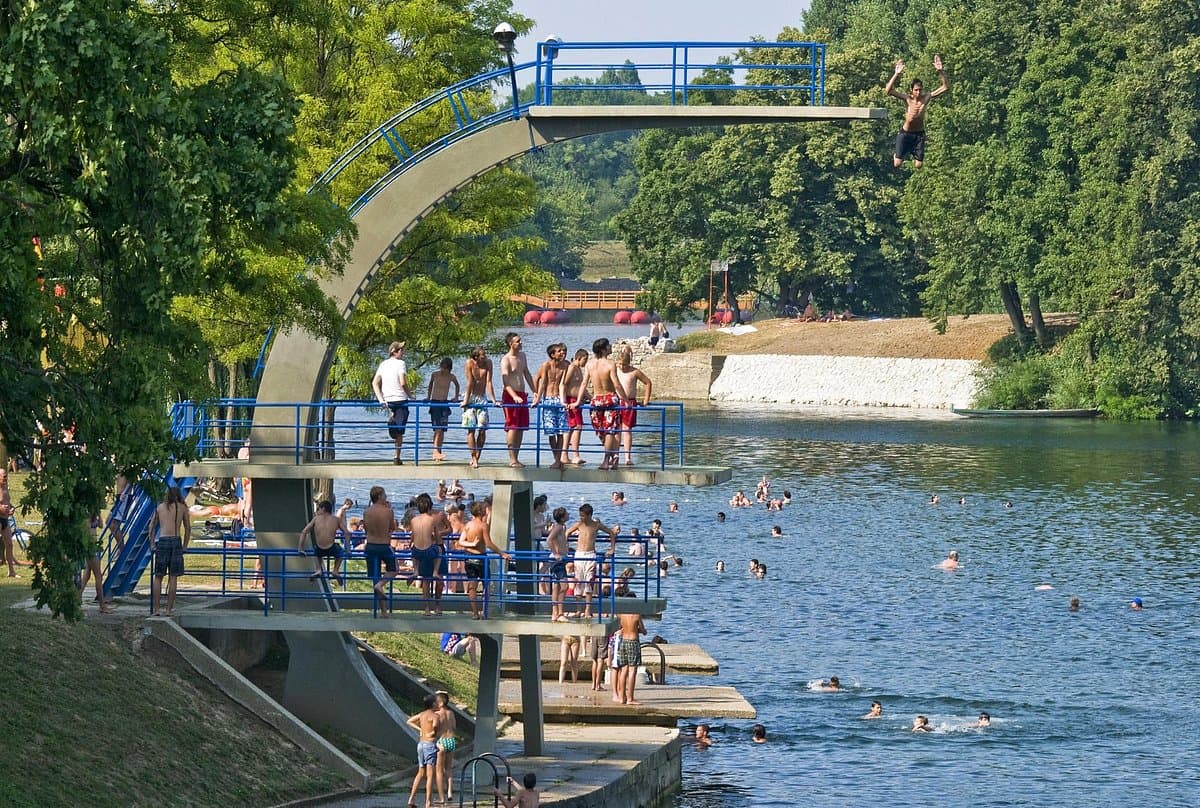 River beach on the Korana river in Karlovac, popular summer swimming spot