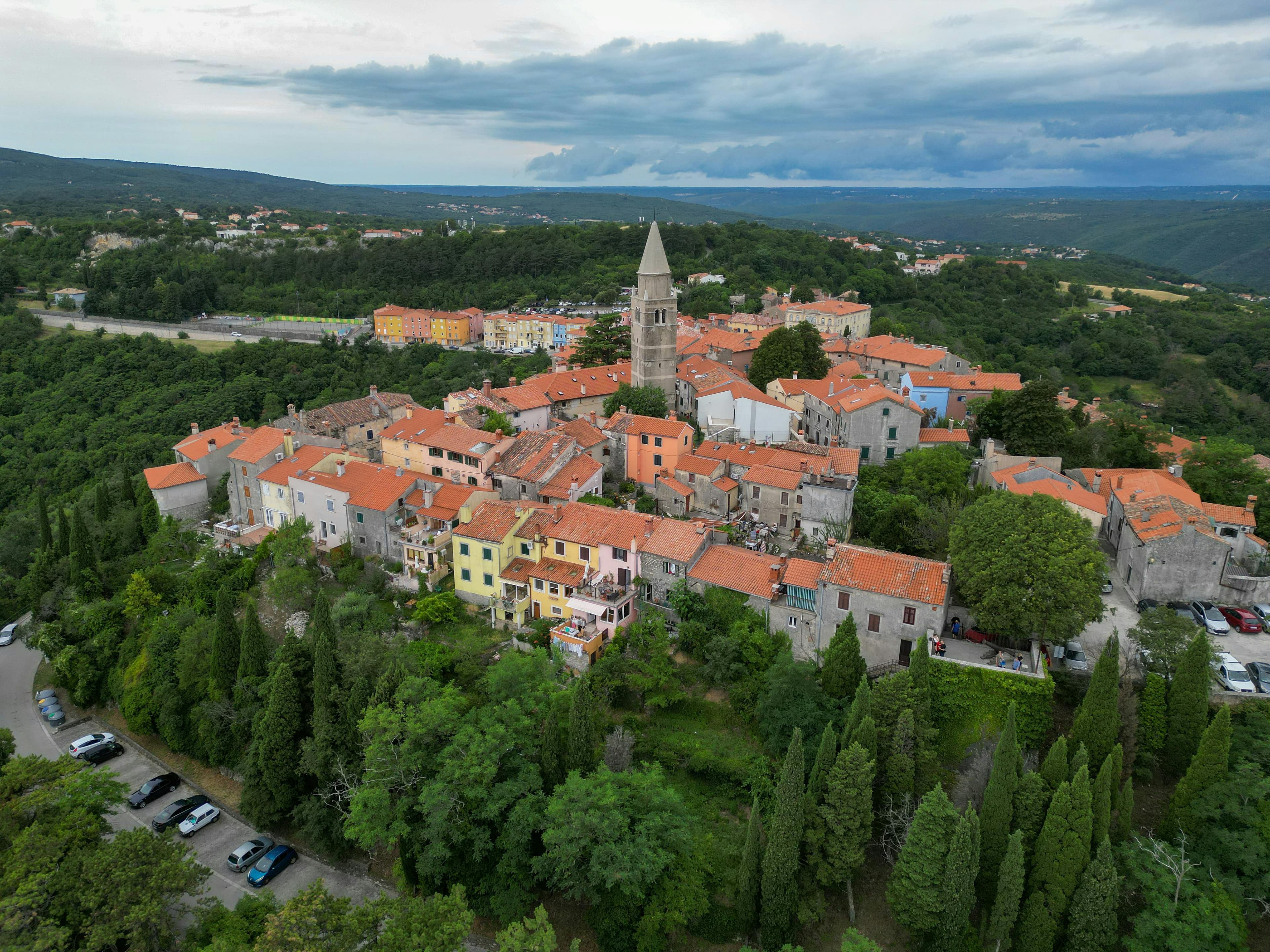Labin hilltop town with medieval stone buildings and views across eastern Istria