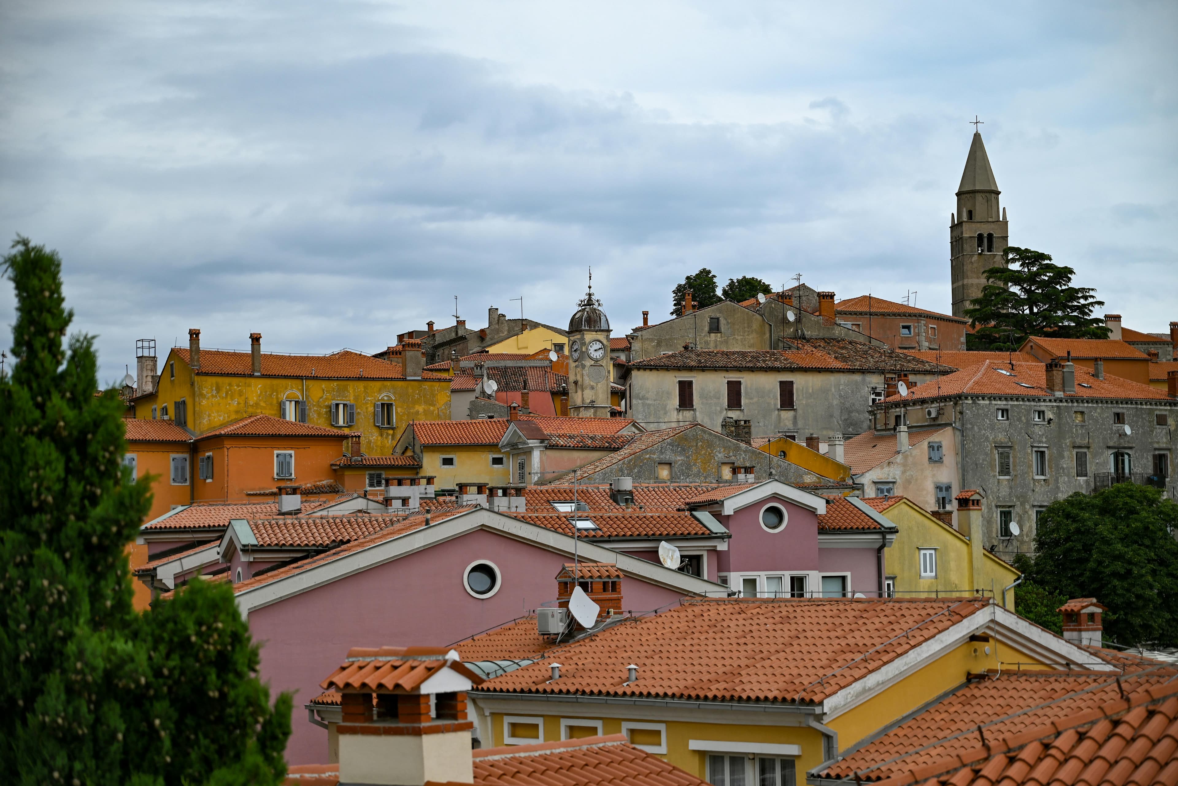Panoramic view of Labin's hilltop old town and the surrounding eastern Istrian landscape