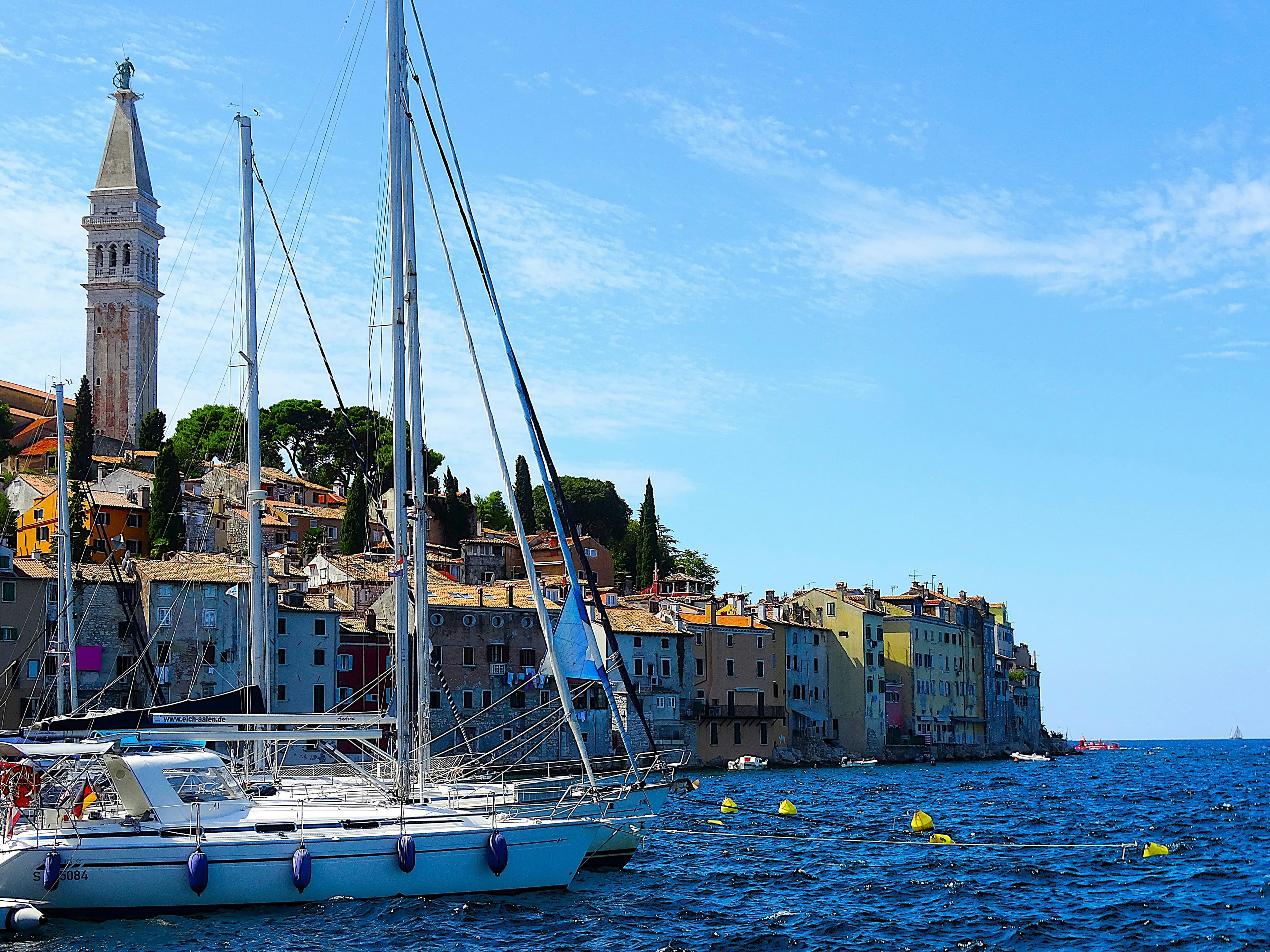 Sailing boat on the Adriatic with the old town of Rovinj in the background, Istria