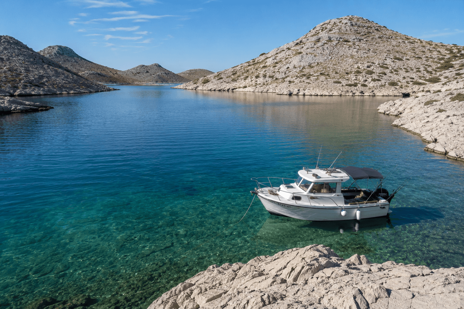 Fishing boat in a sheltered bay between Kornati limestone islands — crystal-clear Adriatic water