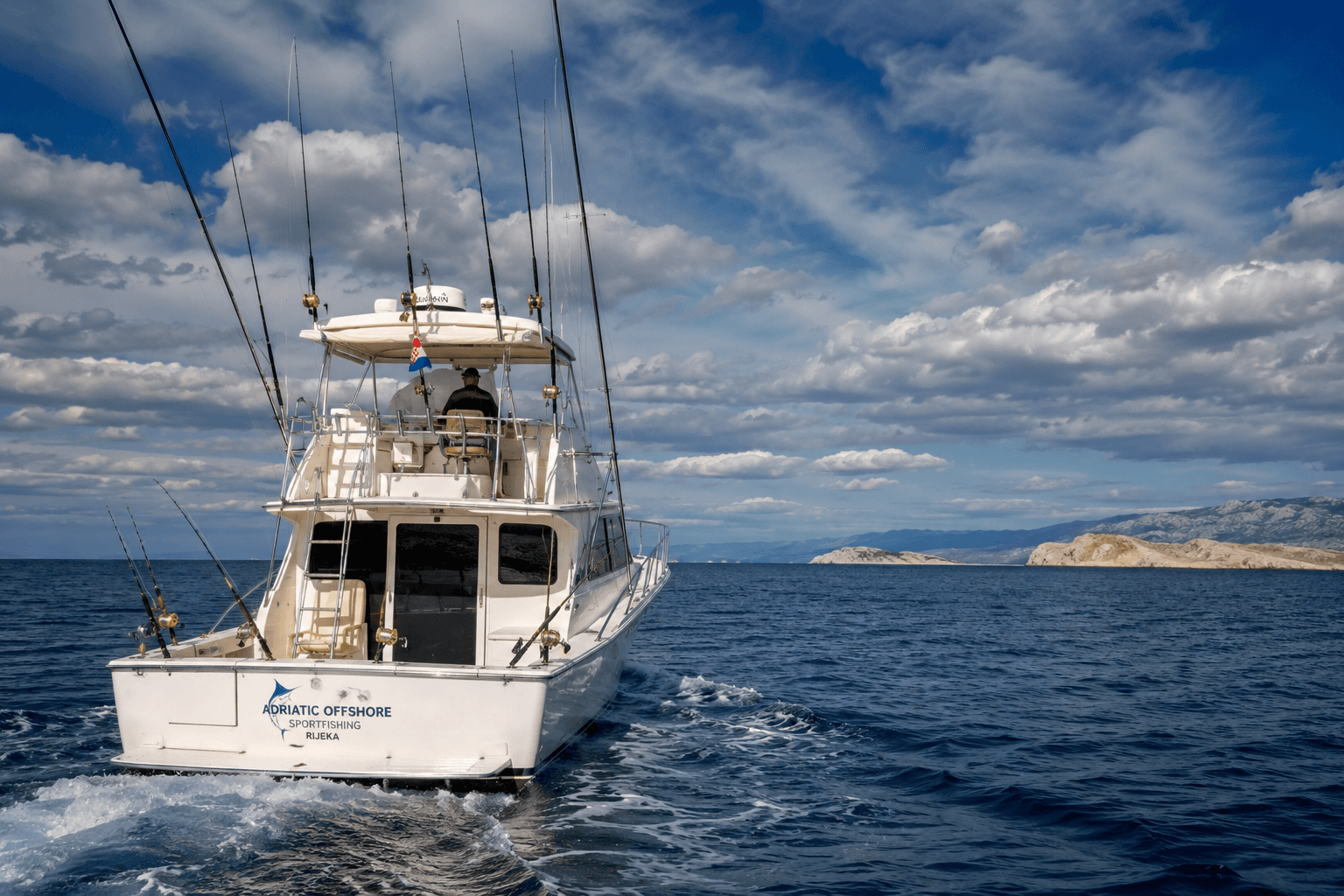 Sport fishing charter boat on the open Kvarner Gulf — deep-sea fishing in the northern Adriatic