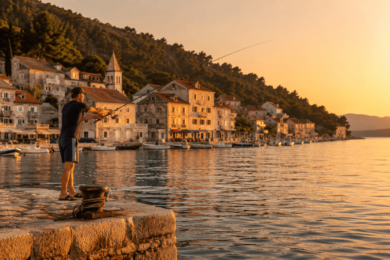 Shore fishing from a rocky Dalmatian harbour wall at golden hour on the Adriatic