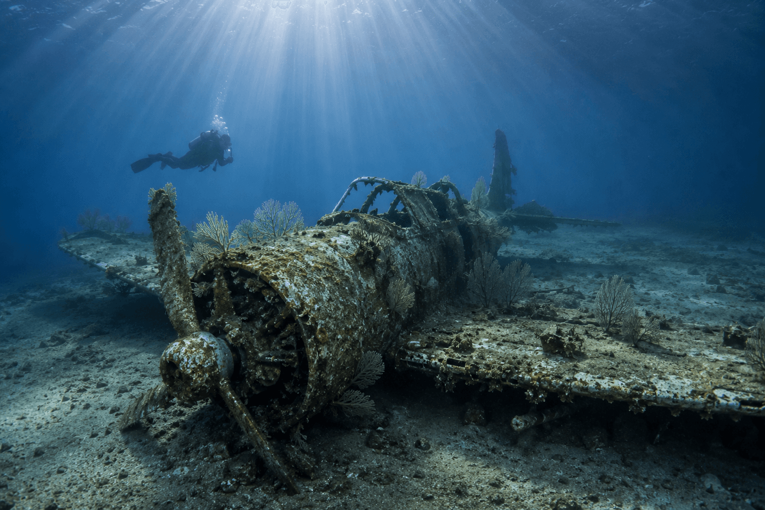 WWII wreck on the seabed near Vis island — encrusted wartime vessel in clear Adriatic water