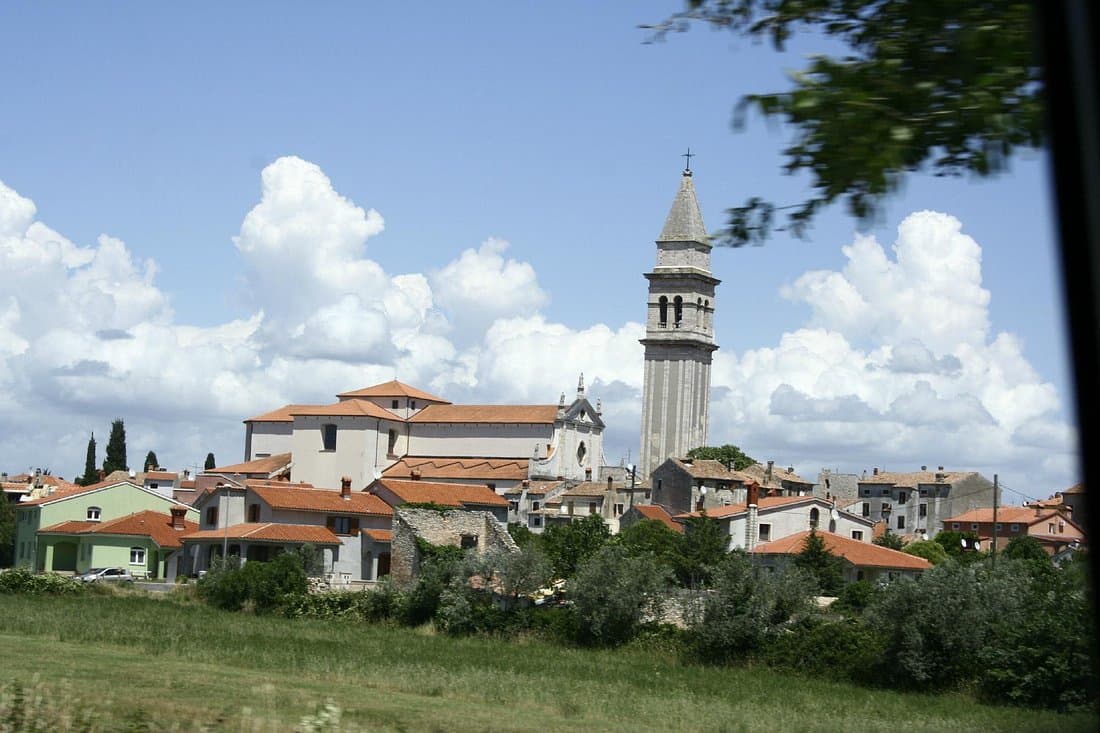 Vodnjan (Dignano) town in southern Istria with the tall bell tower of the Church of St Blaise rising above the rooftops